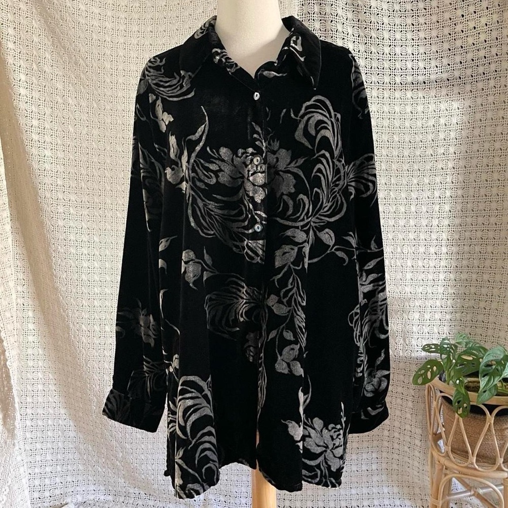 Denim & Co Black Gray Floral Velvet Long Sleeve Button Down Shirt Size Large
